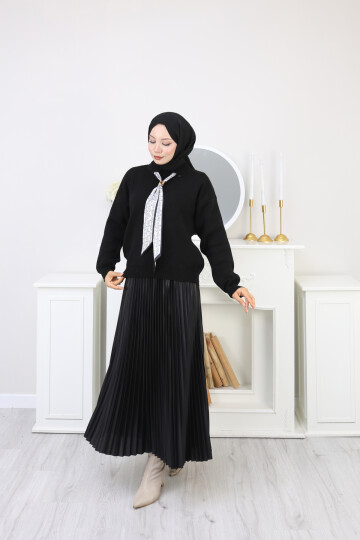 KRAVAT DETAY KAZAK ETEK KOMBİN -SİYAH