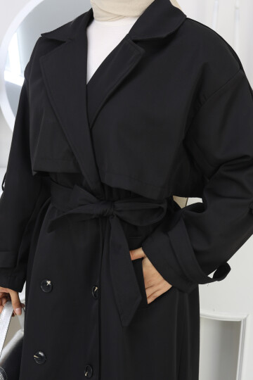 KUKUŞAKLI UZUN TRENÇKOT-SİYAH