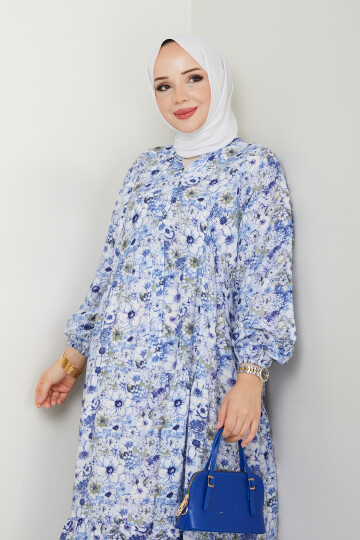 MANGO KÜÇÜK DESENLİ SALAŞ ELBİSE-MAVİ