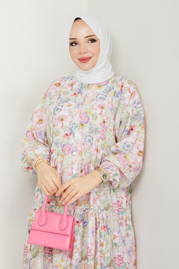 MANGO KÜÇÜK DESENLİ SALAŞ ELBİSE-PEMBE