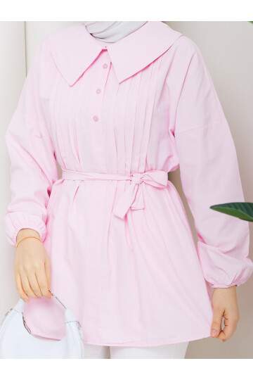 NERVÜRLÜ DENİZCİ YAKA GÖMLEK - TOZ PEMBE