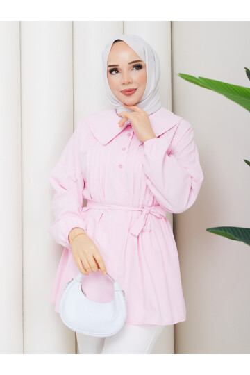 NERVÜRLÜ DENİZCİ YAKA GÖMLEK KOMBİN - TOZ PEMBE