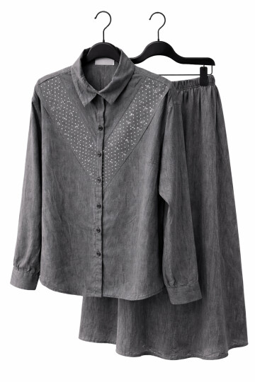 NUBUK V TAŞLI ETEKLİ TAKIM - SİYAH