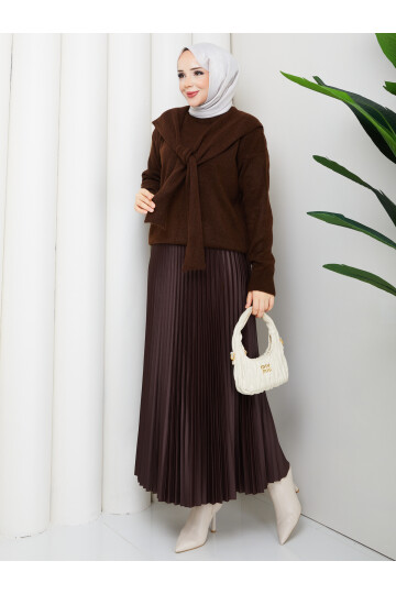 OMUZ ŞAL DETAYLI ETEKLİ KOMBİN - ACI KAHVE