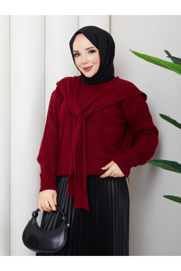 OMUZ ŞAL DETAYLI ETEKLİ KOMBİN - BORDO