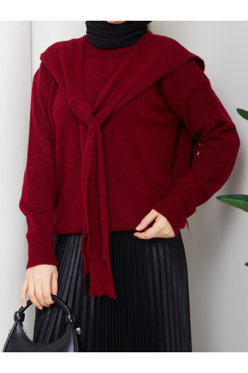 OMUZ ŞAL DETAYLI ETEKLİ KOMBİN - BORDO