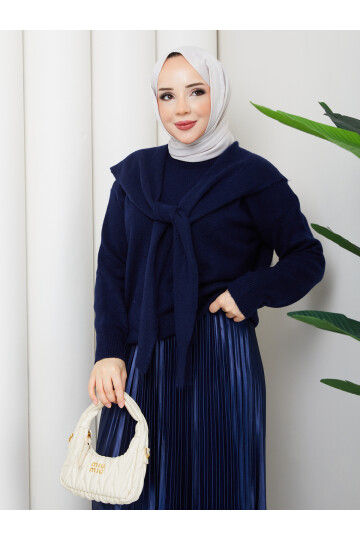 OMUZ ŞAL DETAYLI ETEKLİ KOMBİN - LACİVERT