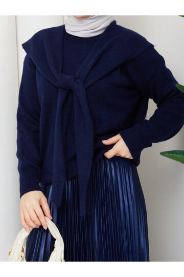 OMUZ ŞAL DETAYLI ETEKLİ KOMBİN - LACİVERT