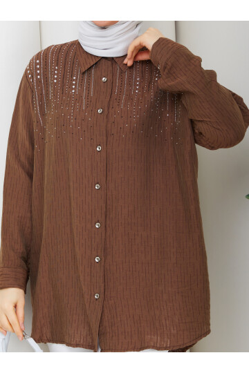 OMUZDAN TAŞ DETAYLI GÖMLEK - ACI KAHVE