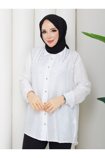 OMUZDAN TAŞ DETAYLI GÖMLEK - BEYAZ