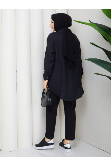 OMUZDAN TAŞ DETAYLI GÖMLEK - SİYAH