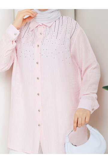 OMUZDAN TAŞ DETAYLI GÖMLEK - TOZ PEMBE