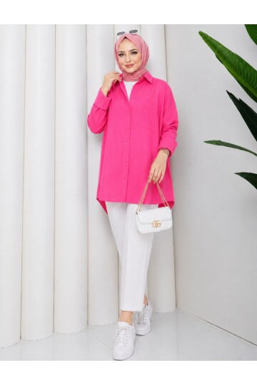 Oversize Pembe Gömlek-Beyaz kumaş pantolon