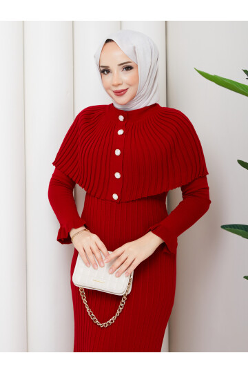 PELERİNLİ ELBİSE - KIRMIZI