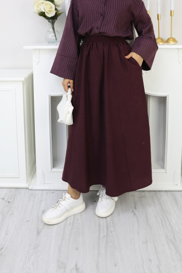 PERY CEPLİ KETEN ETEK -BORDO