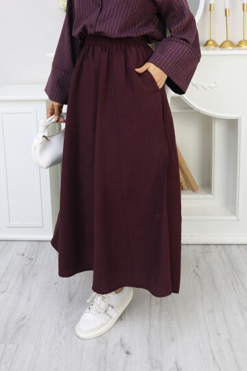 PERY CEPLİ KETEN ETEK -BORDO