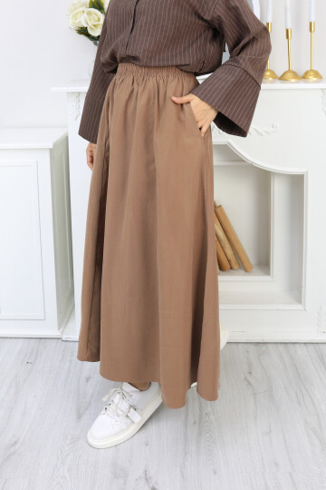 PERY CEPLİ KETEN ETEK -CAMEL