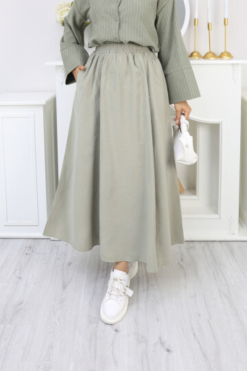 PERY CEPLİ KETEN ETEK -MİNT YEŞİL