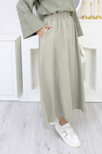 PERY CEPLİ KETEN ETEK -MİNT YEŞİL