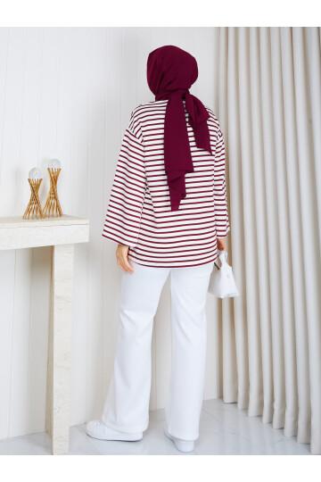 Polo Yaka Çizgili Oversize Oysho Sweat-Bordo Beyaz çizgili