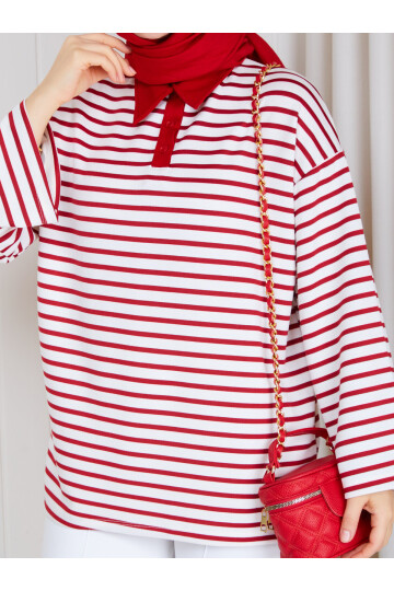 Polo Yaka Çizgili Oversize Oysho Sweat-Kırmızı beyaz çizgili