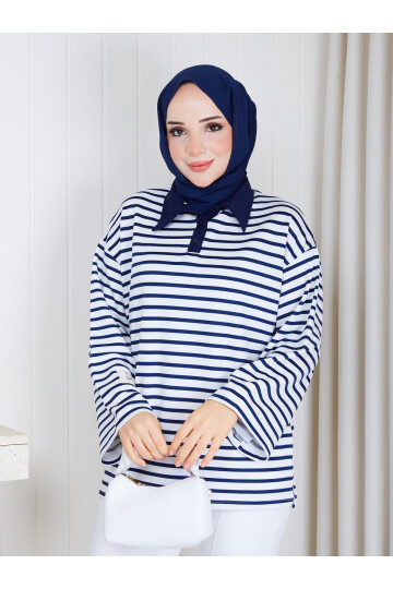 Polo Yaka Çizgili Oversize Oysho Sweat-Lacivert beyaz çizgili