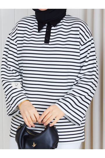 Polo Yaka Çizgili Oversize Oysho Sweat-Siyah Beyaz  çizgili