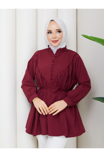 POPLİN V NERVÜRLÜ GÖMLEK KOMBİN - BORDO