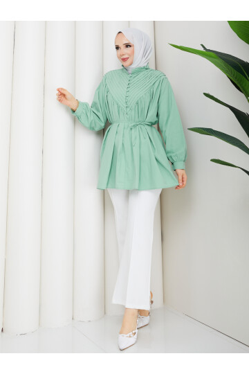 POPLİN V NERVÜRLÜ GÖMLEK KOMBİN - MİNT YEŞİLİ