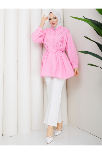 POPLİN V NERVÜRLÜ GÖMLEK KOMBİN - PEMBE