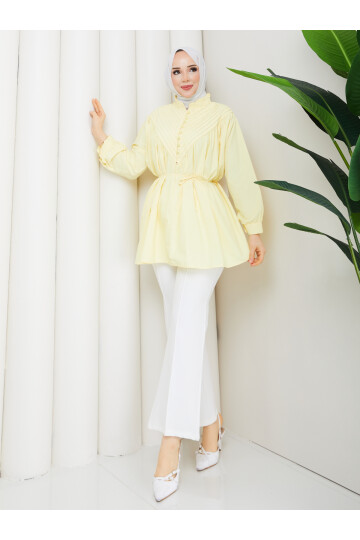 POPLİN V NERVÜRLÜ GÖMLEK KOMBİN - SARI