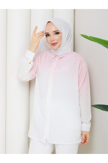 ROCCO ÇİZGİLİ TAŞLI GÖMLEK KOMBİN - TOZ PEMBE