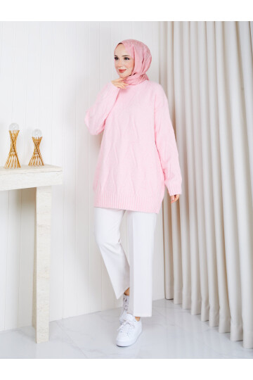 1326 Saç Örgü Desenli Oversize Triko Kazak – Pudra Pembe