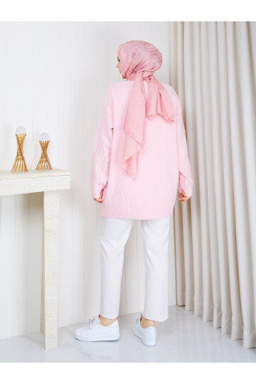 1326 Saç Örgü Desenli Oversize Triko Kazak – Pudra Pembe