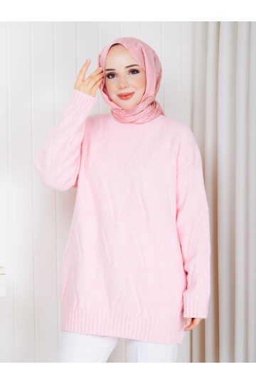 1326 Saç Örgü Desenli Oversize Triko Kazak – Pudra Pembe