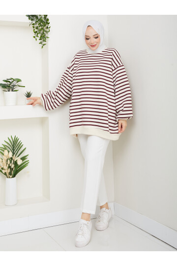 ŞIK ÇİZGİLİ 3 İP DÜZ SWEAT -BORDO