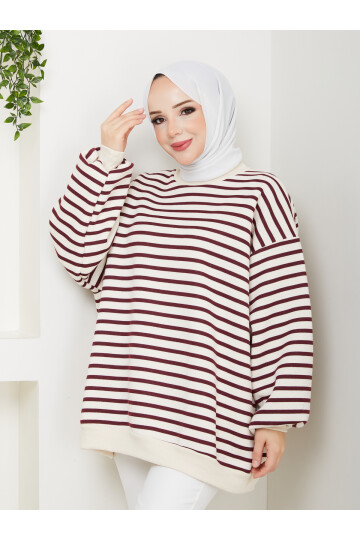 ŞIK ÇİZGİLİ 3 İP DÜZ SWEAT -BORDO