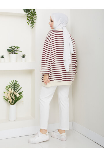 ŞIK ÇİZGİLİ 3 İP DÜZ SWEAT -BORDO