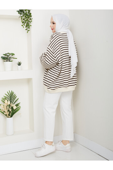 ŞIK ÇİZGİLİ 3 İP DÜZ SWEAT -ACI KAHVE