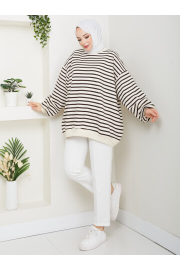 ŞIK ÇİZGİLİ 3 İP DÜZ SWEAT -ACI KAHVE