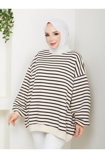 ŞIK ÇİZGİLİ 3 İP DÜZ SWEAT -ACI KAHVE