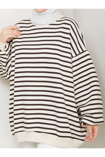 ŞIK ÇİZGİLİ 3 İP DÜZ SWEAT -ACI KAHVE