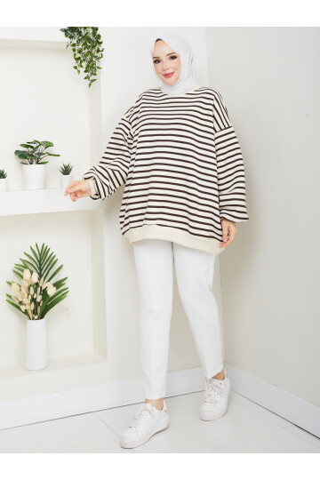 ŞIK ÇİZGİLİ 3 İP DÜZ SWEAT -ACI KAHVE