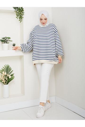 ŞIK ÇİZGİLİ 3 İP DÜZ SWEAT -MAVİ