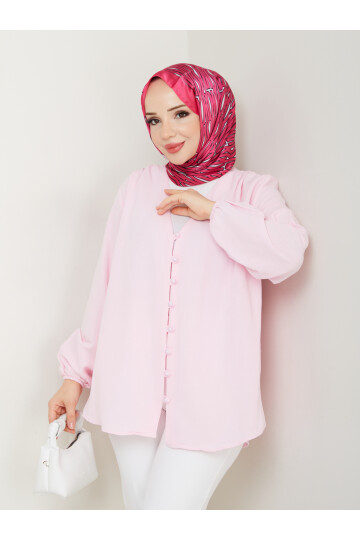 V YAKA DÜĞMELİ GÖMLEK - PEMBE