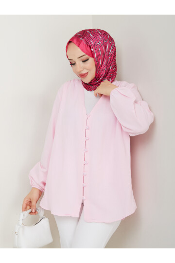 V YAKA DÜĞMELİ GÖMLEK - PEMBE