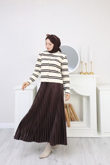 VN ÇİZGİLİ HIRKA ETEK KOMBİN -KAHVERENGİ