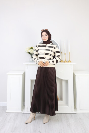 VN ÇİZGİLİ HIRKA ETEK KOMBİN -KAHVERENGİ