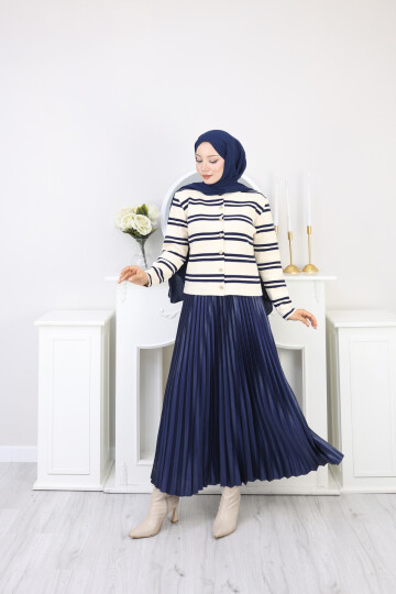 VN ÇİZGİLİ HIRKA ETEK KOMBİN -KREM