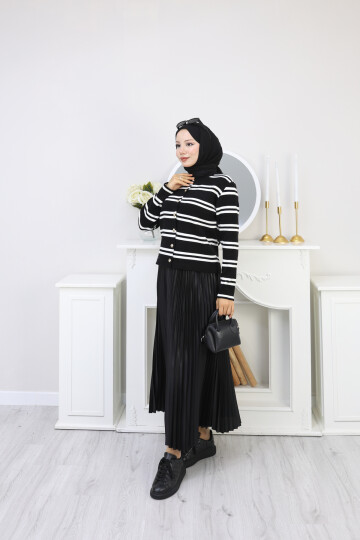 VN ÇİZGİLİ HIRKA ETEK KOMBİN -SİYAH